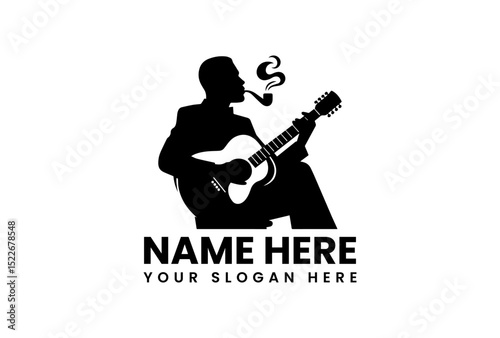 Detailed vector logo of passionate male musician playing acoustic guitar with dynamic focus  