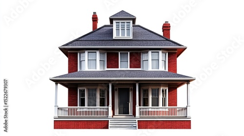 A two-story red brick house with a wraparound porch, gray roof, and dormers.  Features bay windows and white trim. Isolated on white background