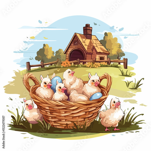 Cheerful Farm Animals: Group of Cute Chicks Carrying a Wicker Basket Outdoors