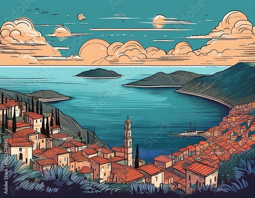 Mediterranean romantic landscape with old town in the first plan, sea and islands in the background. Handmade drawing vector illustration