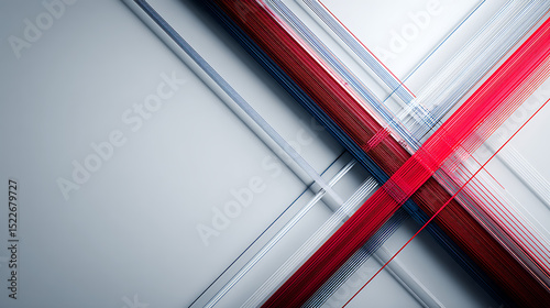 Fine red and blue geometric lines intersecting in the lower right corner on a white minimalist background, abstract math and tech style with clean space on top and left for text or interface design.