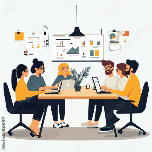 Team of professionals sitting around conference table brainstorming ideas and planning project strategy using laptops and digital tools in modern office, vector style simple color