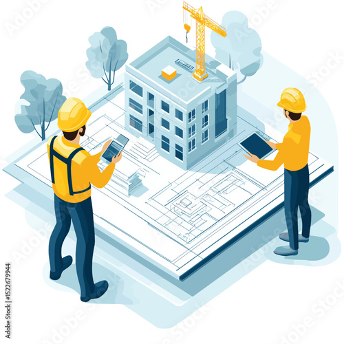 Business investor discussing site development plan with engineers on a construction area with blueprint and digital tablet isometric cartoon, vector style simple color