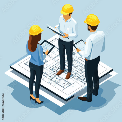 Business investor discussing site development plan with engineers on a construction area with blueprint and digital tablet isometric cartoon, vector style simple color