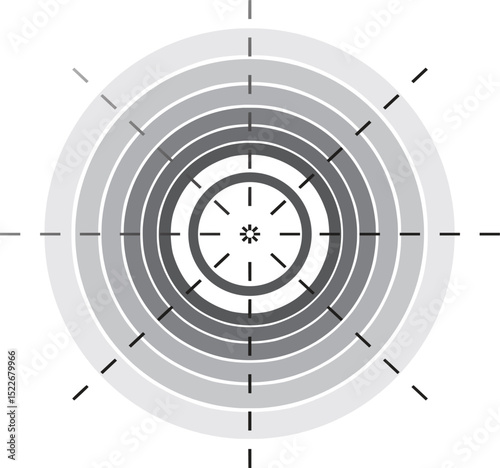 Abstract grayscale concentric circles design element with radial lines, perfect for backgrounds, websites, presentations, or graphic design projects, offering a modern minimalist aesthetic.