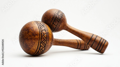 Two dark brown wooden maracas rest on a white background, their handles intricately carved with linear patterns around the middle.  The spherical ends show a similar etched design
