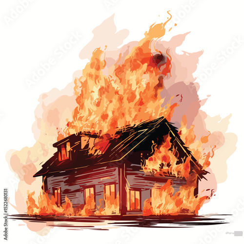 Illustration of House Fire with Bursting Windows and Roof Shadow - Stock Vector EPS