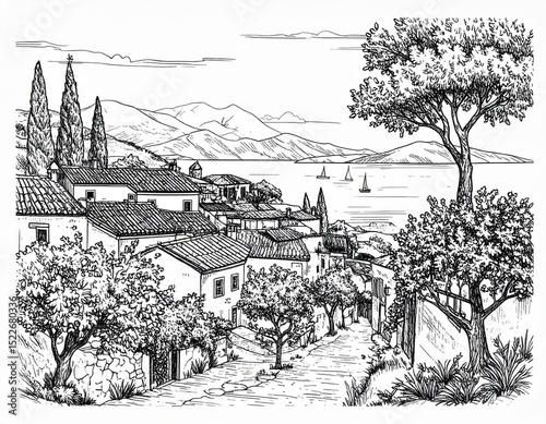 Mediterranean romantic landscape with old town in the first plan, sea and islands in the background. Handmade drawing vector illustration