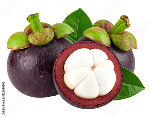 Fresh mangosteen fruit with vibrant purple skin.