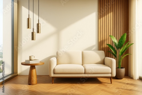Beige modern sofa in contemporary living room with wood panel wall, pendant lights, indoor plant, and sunlight through large window.