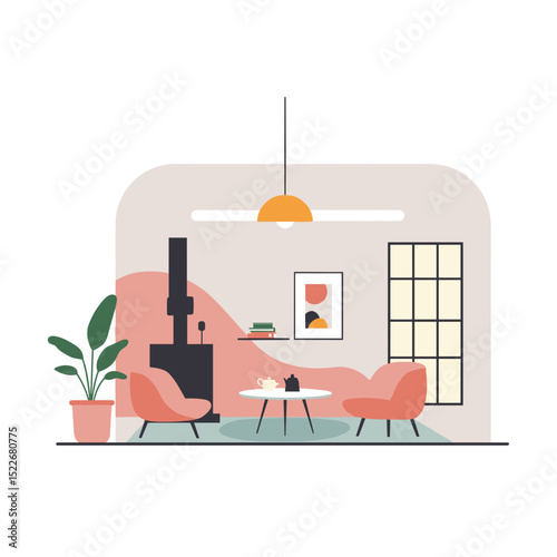Modern living room with pink chairs and green plant by the window  