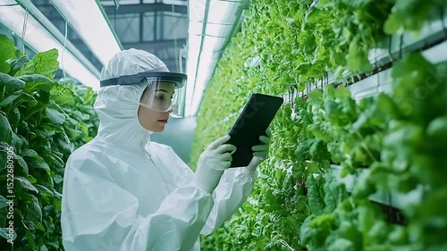 Scientist using tablet monitoring plants growth in vertical farm