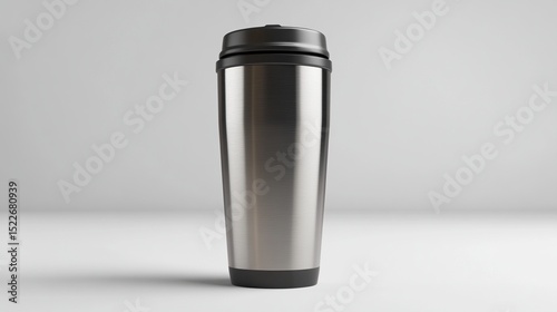A tall, cylindrical, stainless steel travel mug with a black lid and base, standing on a plain white background; it's sleek and modern