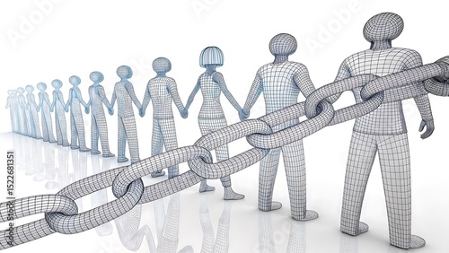 Wireframe figures holding a large chain representing teamwork and unity