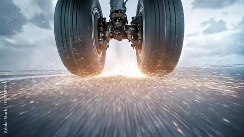 Airplane landing gear touching down on runway creating sparks