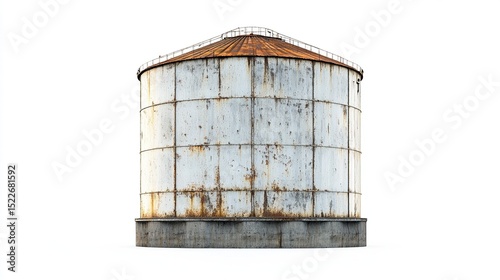 Weathered cylindrical metal storage tank, showing significant rust and age, sits atop a concrete base with a rounded, rusted metal roof