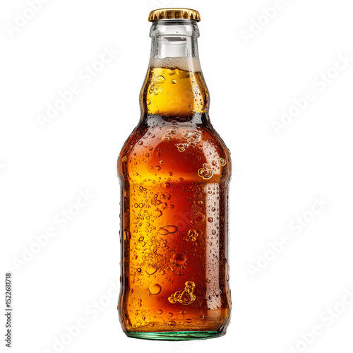 Refreshing amber beverage in a glass bottle with condensation drops isolated on transparent background 