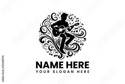 Powerful silhouette guitar player vector logo showing detailed acoustic performance with intensity  
