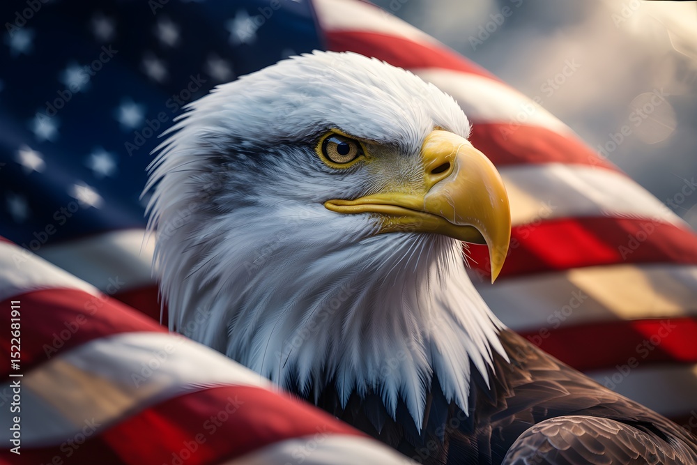 Naklejka premium Bald Eagle Close-Up with American Flag