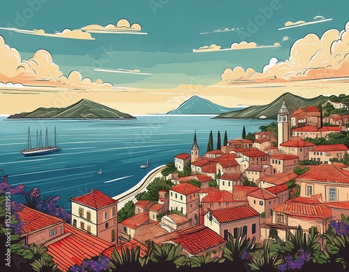 Mediterranean romantic landscape with old town in the first plan, sea and islands in the background. Handmade drawing vector illustration