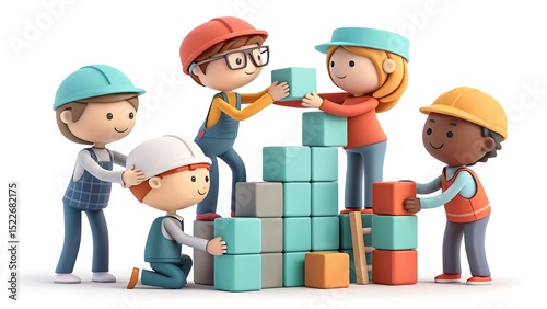 Teamwork of diverse children building a block tower together