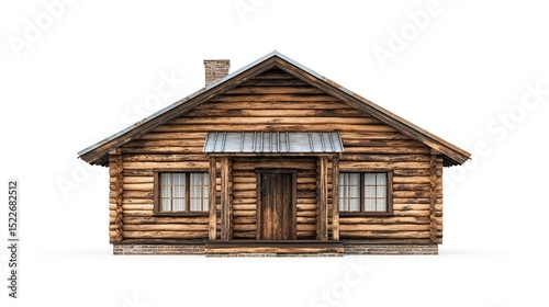 A rustic log cabin, brown wood, gabled roof, stone chimney, small porch, two windows, single door, isolated on white