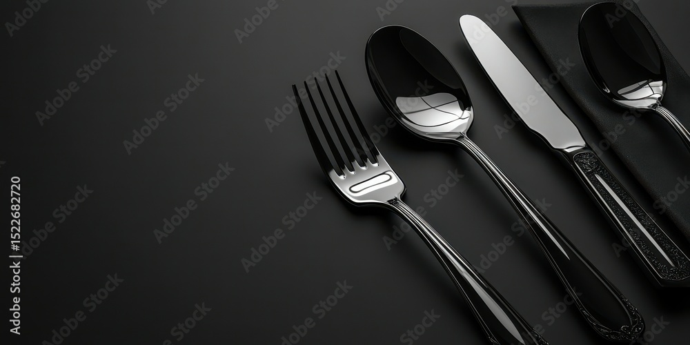 Elegant silverware set on a dark tablecloth showcasing modern dining aesthetics and sophisticated design Elegant silverware set on a dark tablecloth showcasing modern dining aesthetics and sophisticated design