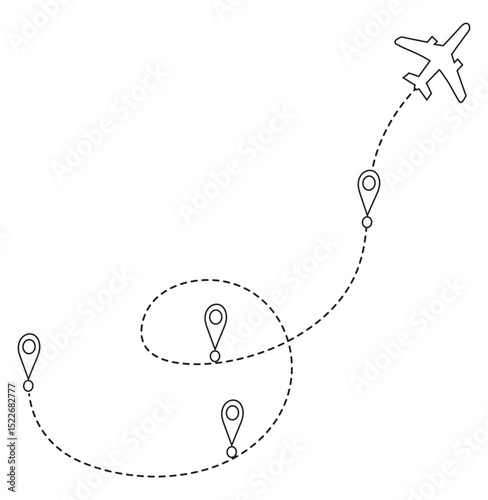 Dotted Airplane Route Icon with Travel Destinations and Map Pins