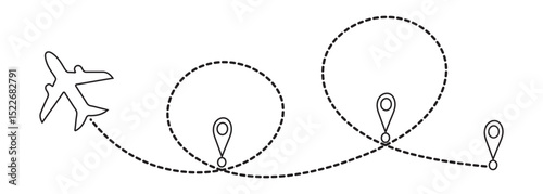 Dotted Airplane Route Icon with Travel Destinations and Map Pins