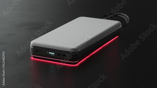 Sleek rectangular power bank with a matte white top, black base, and a vibrant red light accentuating its bottom edge, rests on a dark surface; cables subtly attached