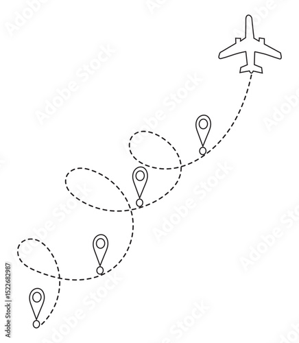 Dotted Airplane Route Icon with Travel Destinations and Map Pins