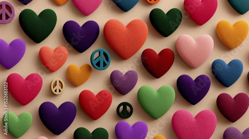 Vivid hearts and symbols of peace creating a colorful tapestry on a textured background in a cheerful and artistic display