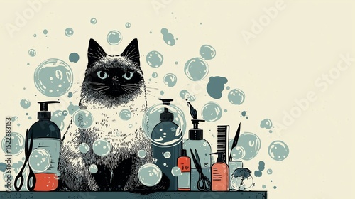 Whimsical cat surrounded by bubbles and grooming supplies in a cozy pet spa setting during a sunny afternoon