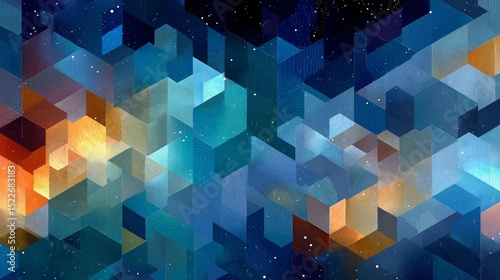 Vibrant geometric patterns create a cosmic tapestry filled with starry depths and colorful hues at twilight in a vast artistic landscape