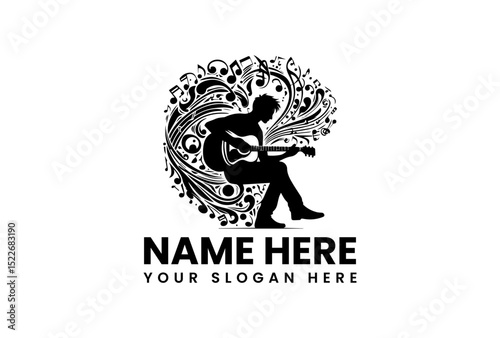 Powerful silhouette guitar player vector logo showing detailed acoustic performance with intensity  