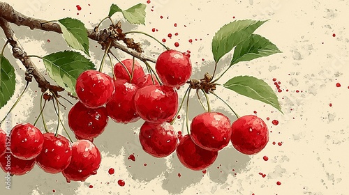 Vibrant red cherries hang lushly from a branch, captured in a stunning moment that celebrates nature's bounty during the warm, sunny days of late summer in a serene garden setting