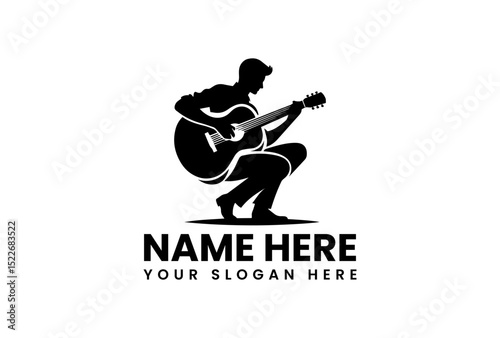 Powerful silhouette guitar player vector logo showing detailed acoustic performance with intensity  