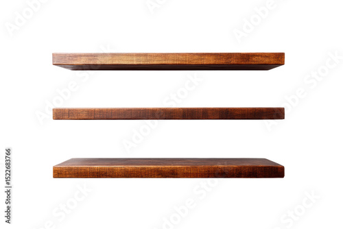 Three wooden floating shelves on black background, cut out
