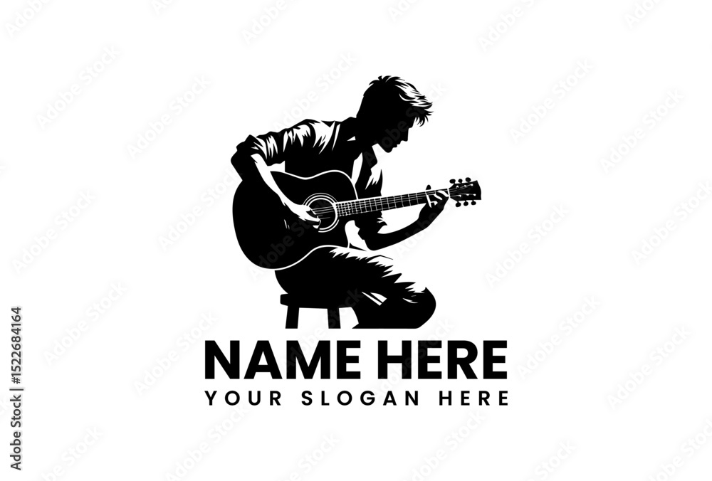Fototapeta premium Powerful silhouette guitar player vector logo showing detailed acoustic performance with intensity 