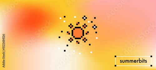 Sunny summer horizontal gradient background with pixel 8 bit style sun. Abstract vector texture in red, pink and yellow. Sunburst pattern. Sun, rays. Hot sunny day bright wide banner, header, cover