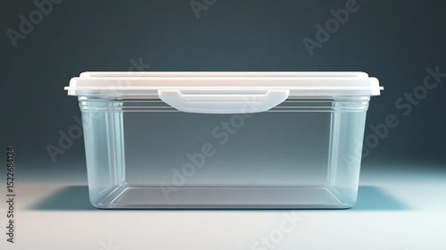 A clear, rectangular plastic storage container with a white hinged lid and a small handle sits on a light-grey surface against a dark-blue background.  The container is empty and appears translucent