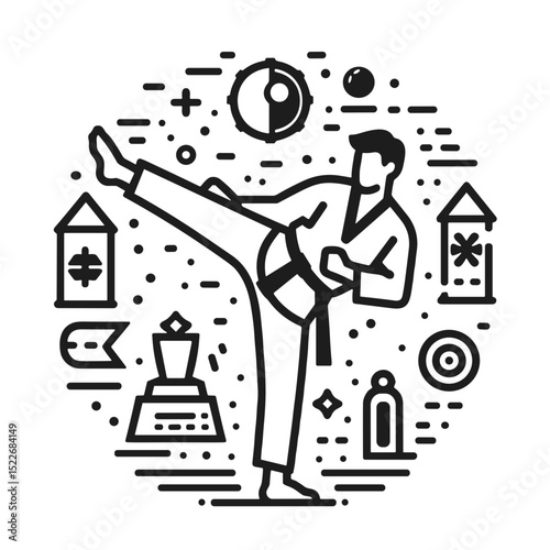 Martial artist performing high kick in dynamic sparring illustration  