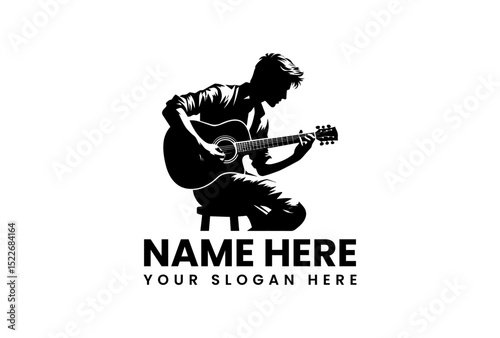 Powerful silhouette guitar player vector logo showing detailed acoustic performance with intensity  