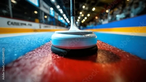 Curling stone with ice rink, and closeup.