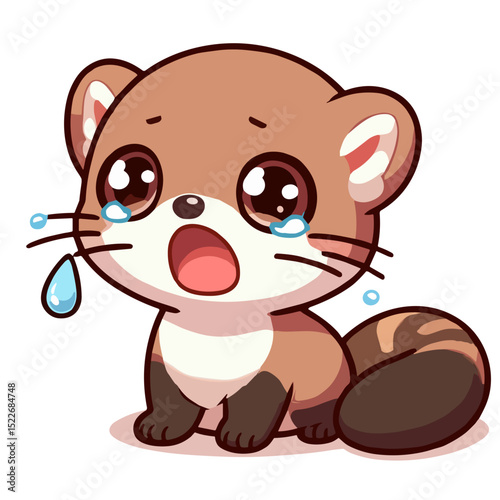 Cute cartoon ferret crying with tears and big expressive eyes  