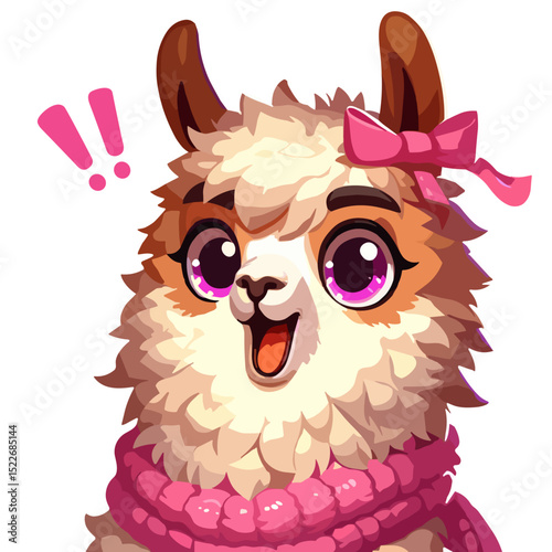 Cute cartoon llama with big eyes and a pink bow expressing joy  