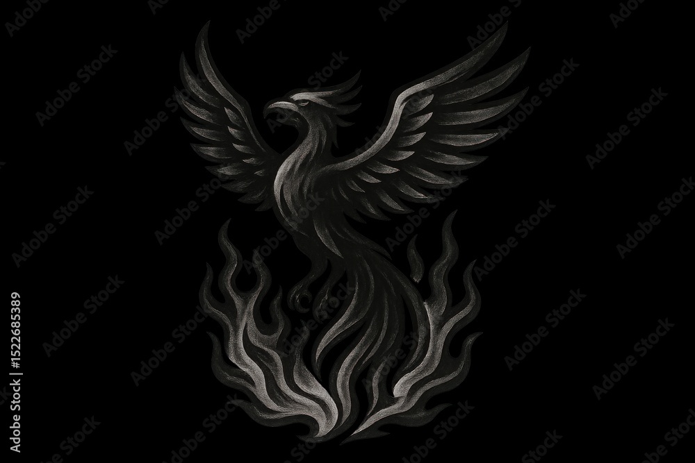 Obraz premium Black and white bird drawing engulfed in flames, isolated on transparent background.