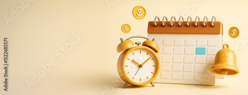 Deadline reminder concept with clock, calendar, coins and bell on light background for business time management and financial planning template.