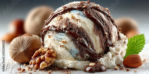 Delicious ice cream dessert topped with chocolate sauce, nuts, and mint leaves on a textured surface