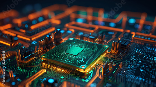 Printed circuit board futuristic server. Circuit board futuristic server code processing. Orange, green, blue technology background with bokeh. 3D Rendering,generative.ai